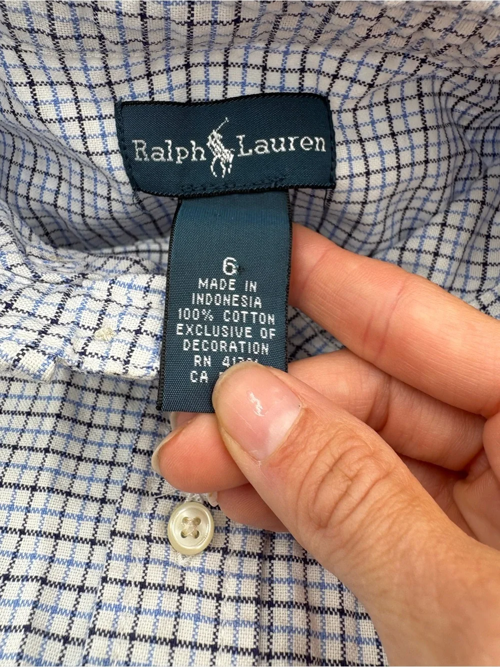 Ralph Lauren Boys' Blue Check Button-Down Shirt-100% cotton- size 6